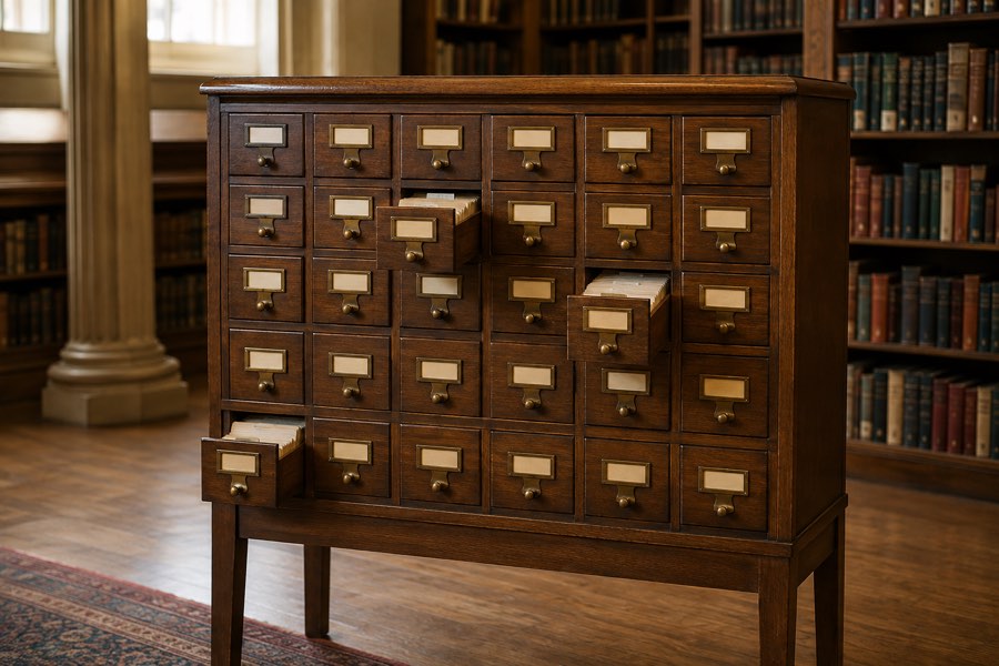 A wooden library card catalogue with several drawers pulled open, index cards inside.