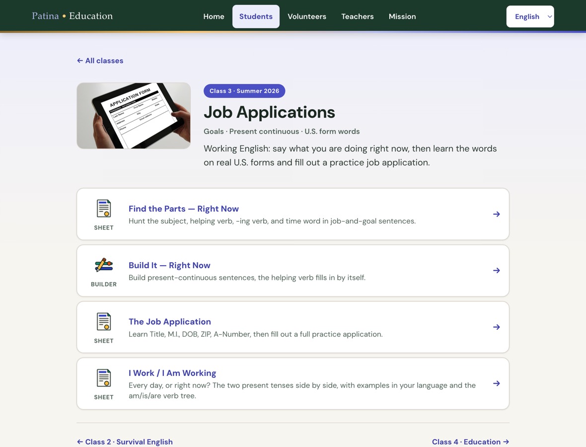 An English class page, its lesson materials listed by activity type