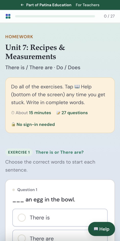 A class grammar activity on a phone: Unit 7, There is or There are, with the first question and two answers to tap