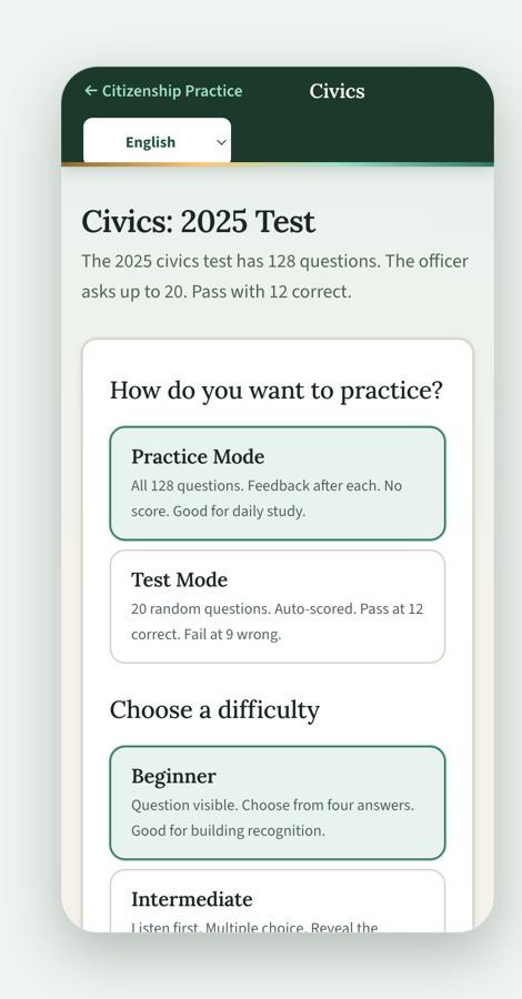 A civics practice question open in a phone browser