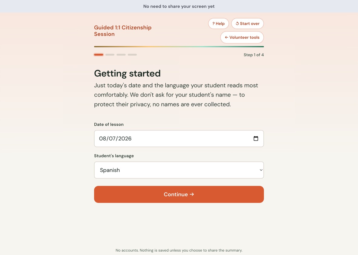 The guided one-to-one volunteer session tool, open at its first step