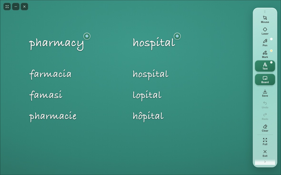 A green classroom whiteboard with the English words pharmacy and hospital written across the top and each one written again below in Spanish, Haitian Creole, and French