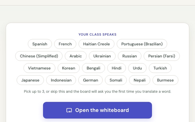 The whiteboard's opening panel, with a row of class language chips and the button that opens the board.