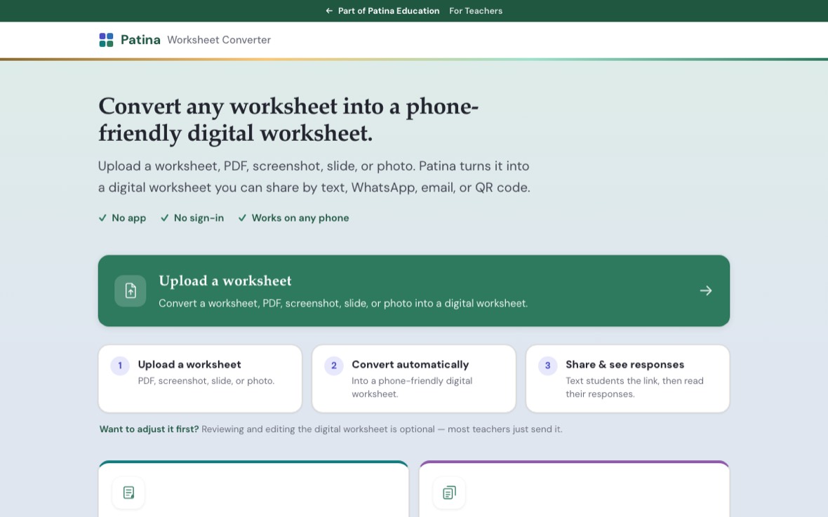 The Patina Worksheet Converter, showing the upload panel and the three steps from worksheet to shared link.