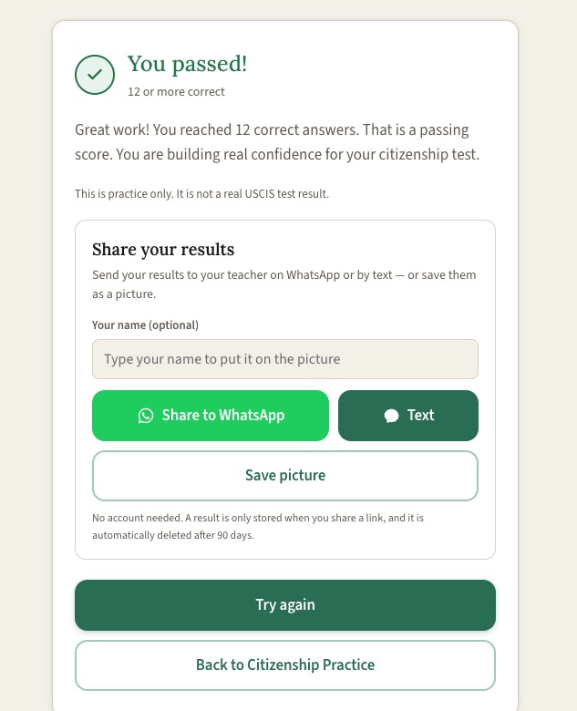 A practice result with options to share it to WhatsApp, send it by text, or save it as a picture